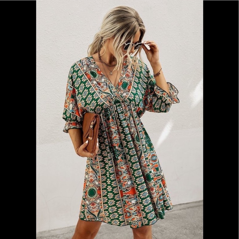 Boho V Neck Summer Dress SZ MED - Picture 1 of 4